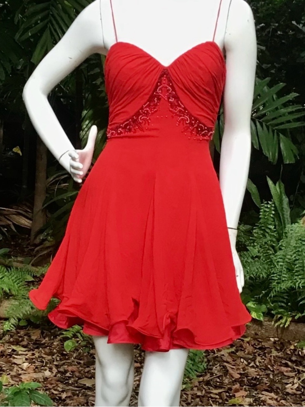 Vintage 100%Silk Cache Red Spaghetti-Strap Sweetheart Dress